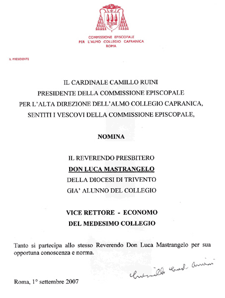 La lettera ufficiale del Cardinale Ruini