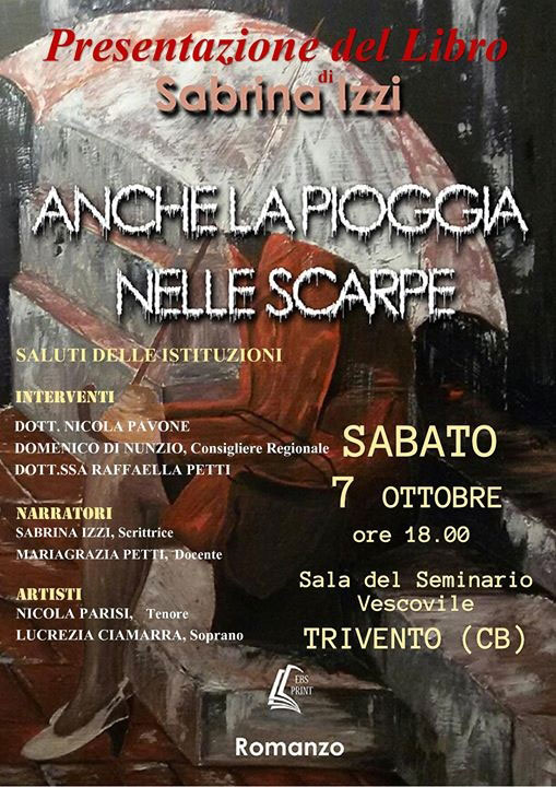 L'invito alla presentazione del libro di Sabrina Izzi - Anche la pioggia nelle scarpe -