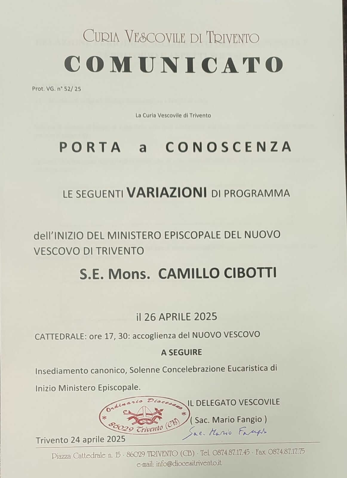 Il comunicato stampa della Diocesi