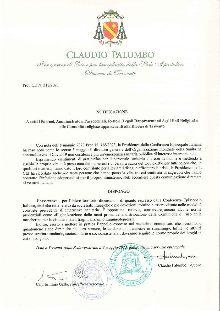 La nota originale firmata dal Vescovo