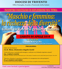 Incontro diocesano di riflessione sul tema: “Maschio e femmina: la ricchezza della diversità. Unioni civili, teoria gender e dintorni”