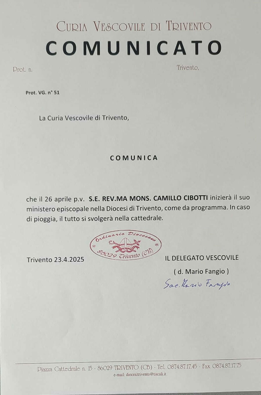 Il comunicato stampa della Diocesi